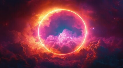 Vibrant glowing ring hovering over dense colorful clouds with dramatic light and cosmic atmosphere