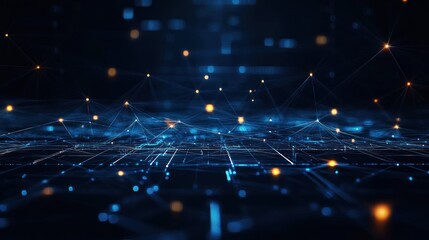 Abstract digital network visualization with interconnected glowing nodes and lines on a dark blue background representing data flow and technology