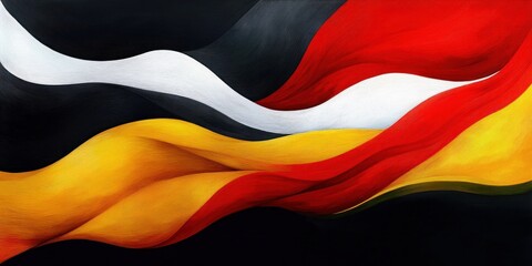 Flowing smooth waves of black, white, yellow, and red colors blending in an abstract, dynamic movement