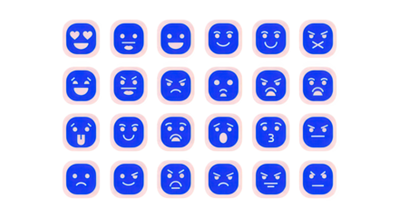 Collection of blue emoji faces isolated on transparent background