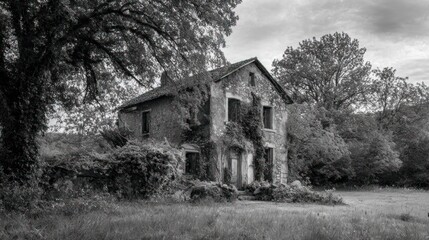 Obraz premium Gray weathered house in a park-like setting