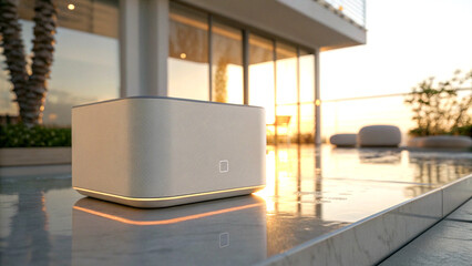 Sleek modern communication device with glowing edges in daylight