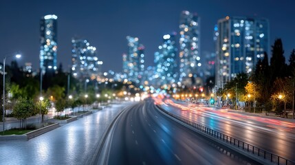 Fototapeta premium Blurred Cityscape at Night with Streaks of Car Lights on Road Reflecting Rain and Glowing Building Lights in Background