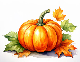水彩で描いたオレンジ色のカボチャと秋の落ち葉のイラスト