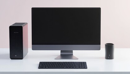 Fototapeta premium Minimalist desktop setup with a large black monitor, black keyboard, black desktop tower, and black cylindrical speaker on a clean white desk against a light pink wall