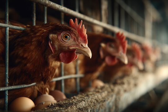 Close-up of a Hen in a Cage with Eggs, Industrial Farming Perspective.