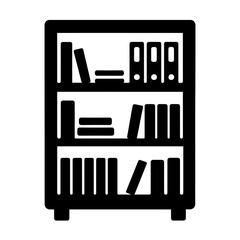 black bookshelf icon three shelves filled with books and binders library symbol
