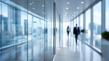 Blurred Office Interior with Glass Walls and Figures in Suits Walking Down Hallway with Cityscape Views and Neutral Colors