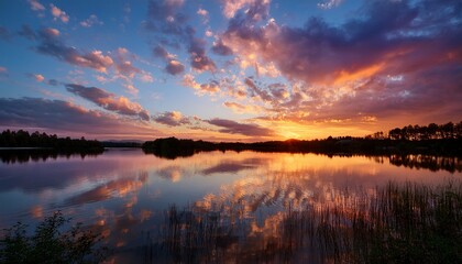 Obraz premium Reflective Dusk A Serene Landscape Mirrors A Vibrant Sunset On A Still Lake Where Soft Clouds Dance Across The Sky Capturing Tranquil Reflections Of Nature S Beauty