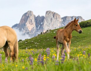 Horses in a meadow with mountains