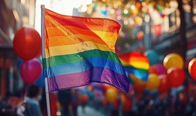 Bright rainbow flag waving in the air with colorful balloons and blurred crowd in the background on a sunny day, celebrating with joyful and festive atmosphere