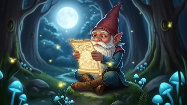 Enchanted Forest Gnome Reading Ancient Map at Night.