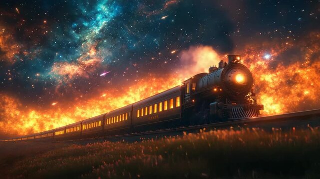 Epic Train Speeding Through Cosmic Firestorm Under Starry Nebula Sky