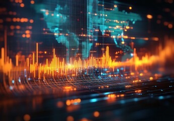 Digital visualization of financial data with glowing orange graphs and a holographic world map in blue and teal tones illustrating global market trends