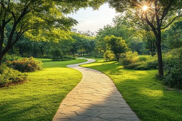Obraz premium Winding stone pathway through lush green park with tall trees and sunlight filtering through leaves in peaceful natural setting