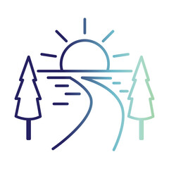 autum line icon depicting a scenic landscape with trees and a sunrise over water