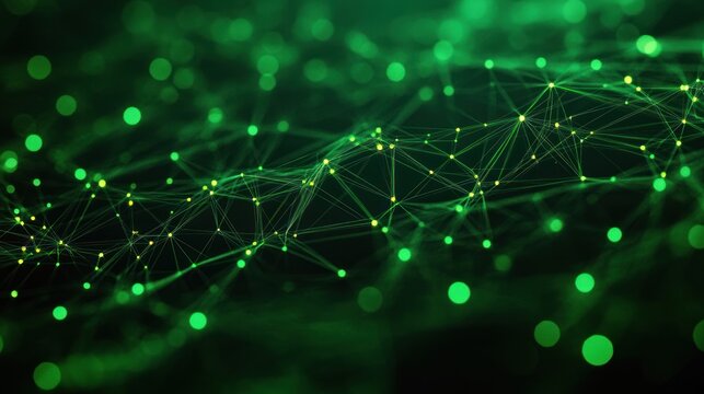 Abstract visualization of interconnected glowing green nodes and lines forming a network pattern on a dark background with depth and glowing effect