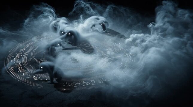 Shadowy djinn figures swirling in smoke, mystical and dark atmosphere, glowing eyes, magical animated 5-second scene, supernatural energy and mysterious motion