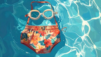 Child's swim trunks and goggles on rippled water