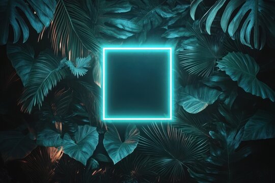 Glowing neon square suspended among dark tropical leaves creating a mysterious and futuristic atmosphere