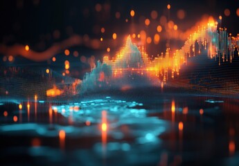 Abstract digital data visualization with glowing orange and blue light patterns forming peaks and grids, representing dynamic information flow and analytics