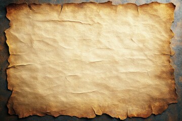 Old blank parchment paper with burnt edges lying flat on a textured surface, evoking a vintage and weathered feel
