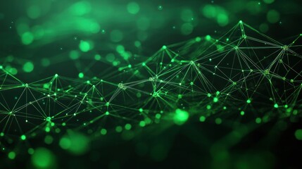 Abstract digital network of interconnected glowing green points and lines forming a complex web representing data connections and technology