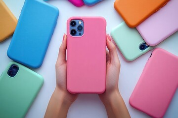 Hands holding a smartphone with a pink protective case surrounded by multiple smartphones with colorful cases on a white surface, bright and vibrant colors