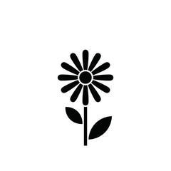 Simple black and white graphic illustration of a daisy flower on a stem with two leaves