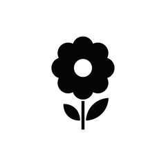 A minimalist black silhouette icon of a simple flower featuring distinct petals, a stem, and two leaves, presented on a clean white background, ideal for graphic design elements and web interfaces