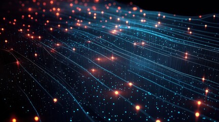 Abstract network of glowing blue and orange light dots and lines flowing in curved paths on dark background, depicting digital connectivity and data streams