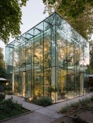 Obraz premium Modern Glass Building Surrounded by Greenery at Dusk Showcasing Innovative Architecture and Sustainable Design Elements