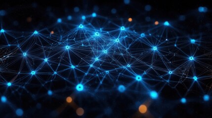 Fototapeta premium Abstract visualization of a glowing interconnected blue network with nodes and lines on a dark background, representing digital connections and data flow