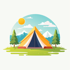 Camping Tent Under Sunny Sky with Mountains and Pine Trees in Bright Day