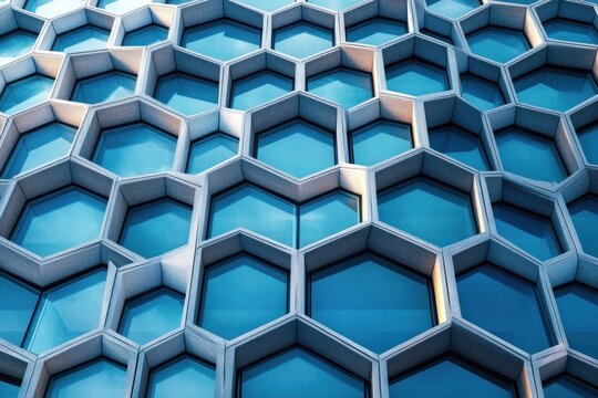 Modern building facade with a repeating honeycomb pattern of hexagonal blue glass windows creating a geometric and futuristic effect - Powered by Adobe