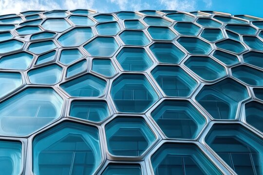 Modern building facade with interconnected hexagonal glass panels reflecting blue sky and clouds creating a futuristic architectural pattern