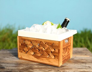 Iced beverage in wooden crate outdoors