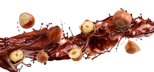 Splashes of sweet hot chocolate and hazelnuts isolated on white