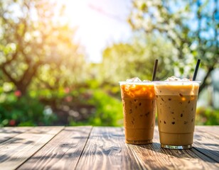 Iced coffee drinks on a wooden table in a garden setting