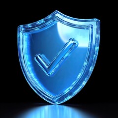 Glowing blue transparent shield with glowing checkmark symbol on a reflective surface against a dark background representing security and protection