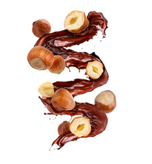 Splash of sweet hot chocolate and hazelnuts on white background