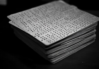 Close-up of a stack of vintage punch cards with rows of holes for data storage in black and white