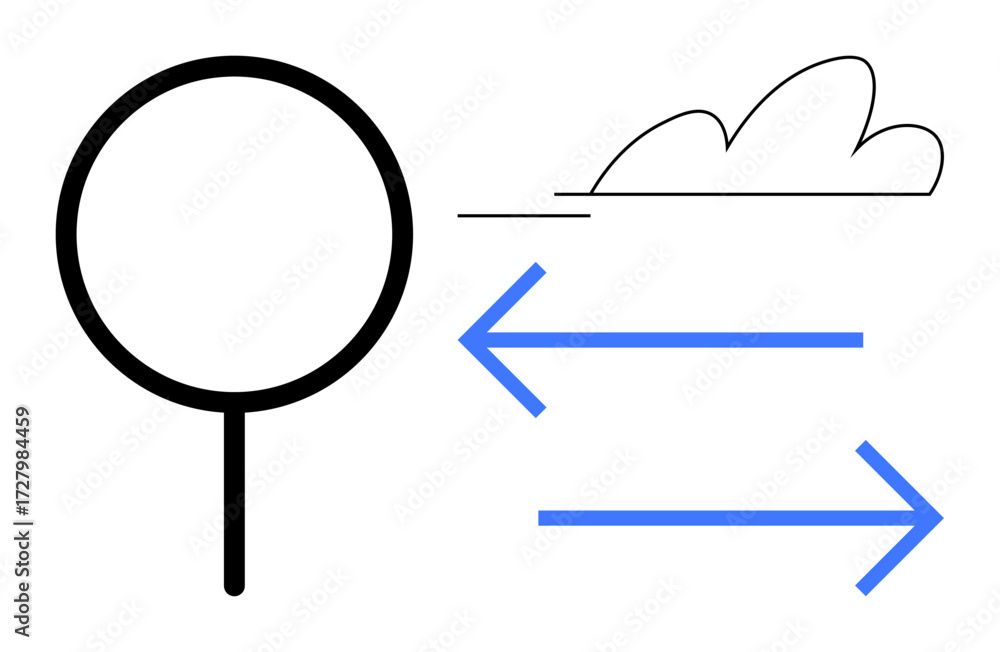 Aufkleber magnifying glass focusing on two blue directional arrows and a minimal cloud sketch. ideal for scien