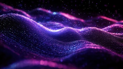 Abstract glowing waves of particles in purple and pink hues creating a dynamic, ethereal digital landscape with sparkling highlights and a cosmic atmosphere
