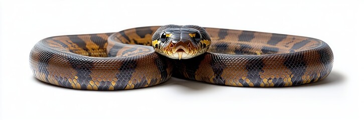 Fototapeta premium Close-up of a coiled large snake with patterned brown and black scales and exposed fangs on a white background