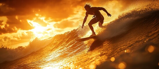 A silhouetted surfer enjoys riding a large wave at sunset