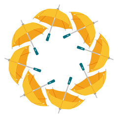 Autumn umbrella circle frame. Round border made of umbrellas. The umbrellas are arranged in a circle. Vector flat isolated on white background.