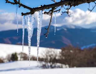 Icicles hanging from a branch on a snowy mountainside