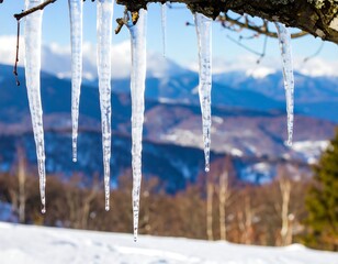 Icicles hanging from a branch against a snowy mountain backdrop