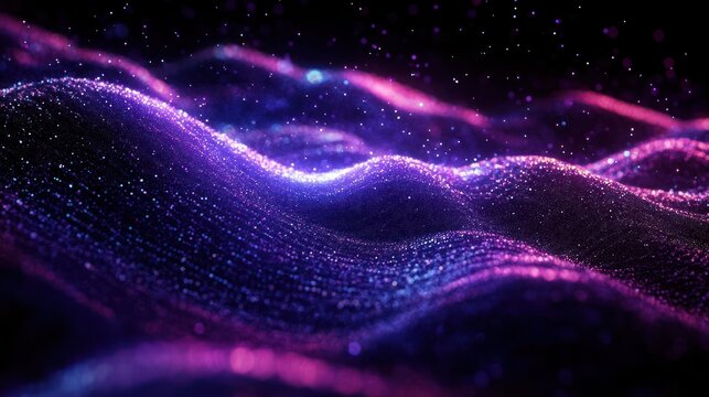 Abstract glowing waves of particles in purple and pink hues creating a dynamic, ethereal digital landscape with sparkling highlights and a cosmic atmosphere